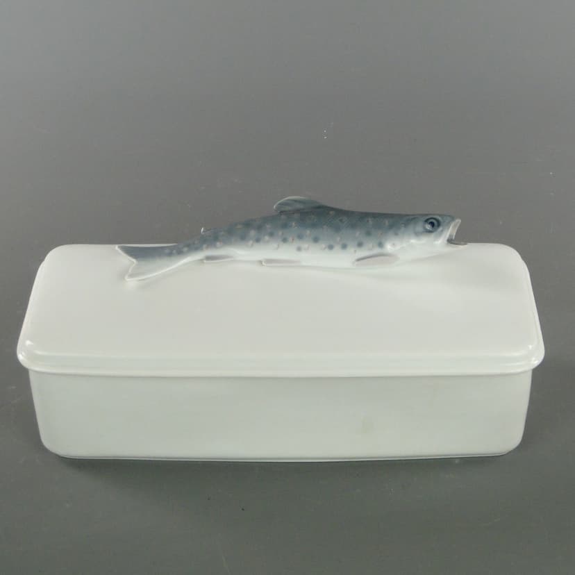 Kitchen container with trout, white porcelain, Rosenthal, Germany, early 20th century