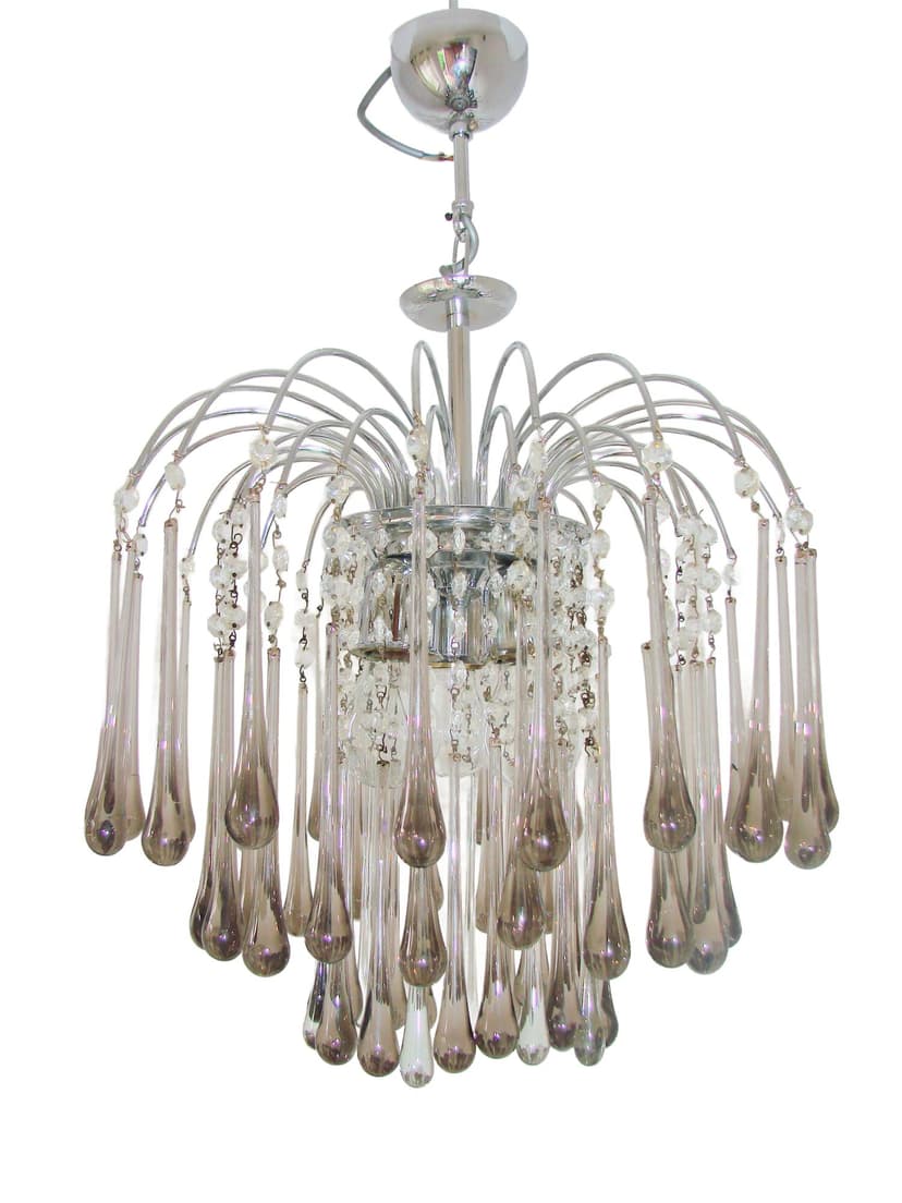 Żyrandol Murano, stal chromowana srebrny, szkło szary przezroczysty, proj. P. Venini, Włochy, lata 70.