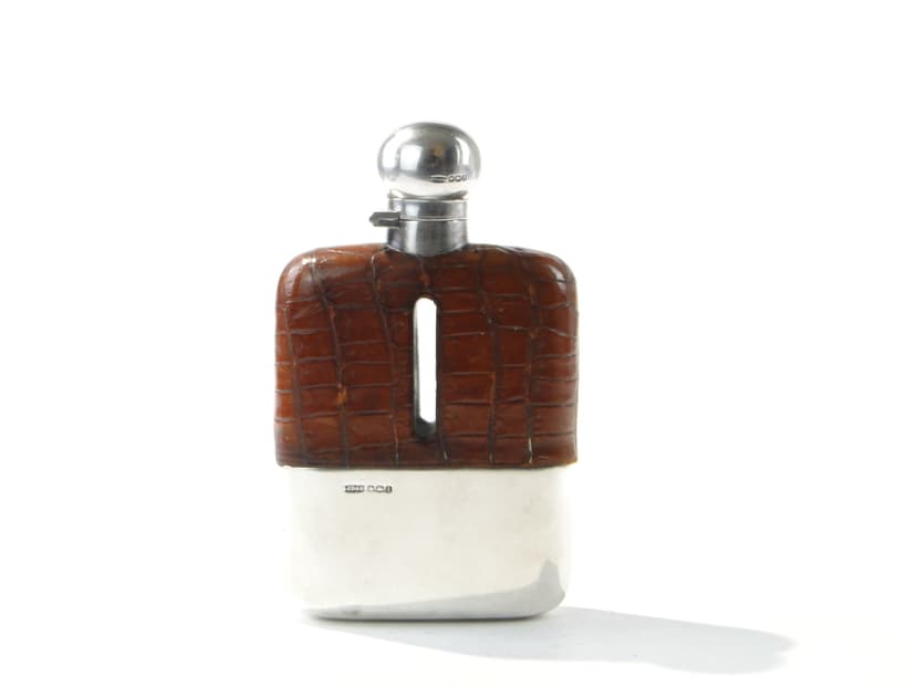 Edwardian hip flask, brown, natural leather, silver, glass, United Kingdom, early 20th century