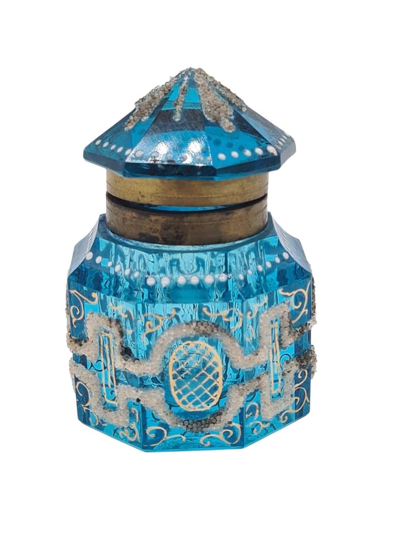 Kałamarz art déco, szkło fasetowane niebieski, mosiądz, Francja, lata 20.