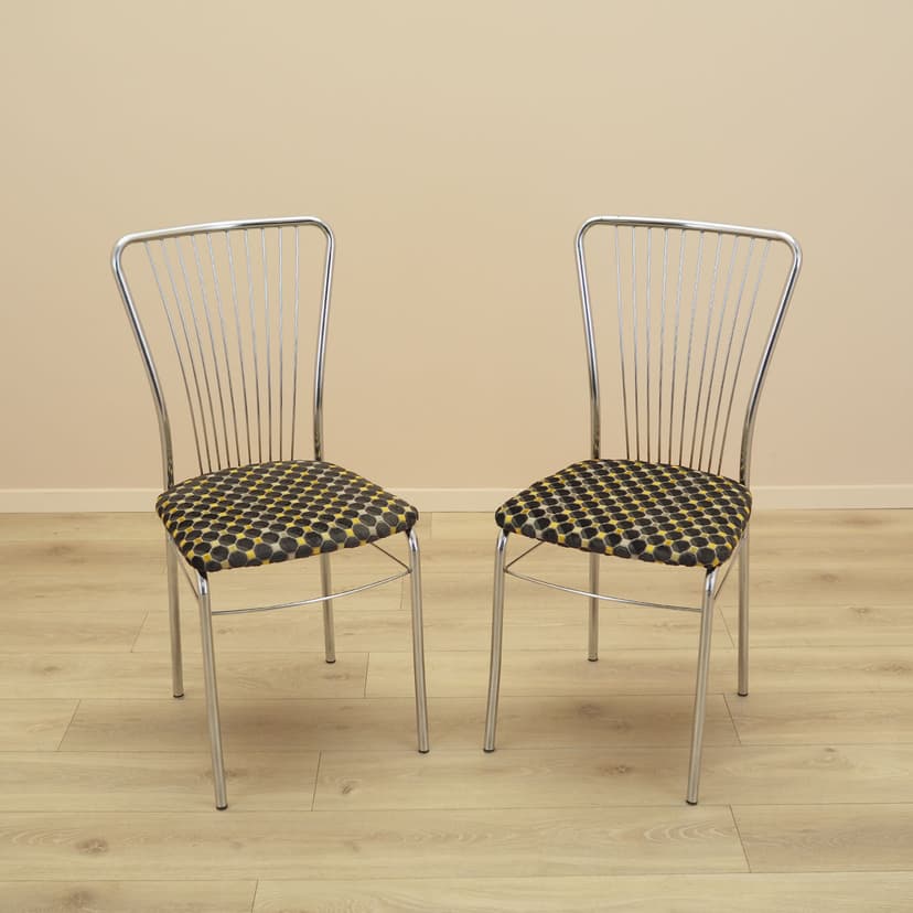 Set of chairs, fan-shaped backrest, chrome metal, black yellow beige fabric, Denmark, 1980s.