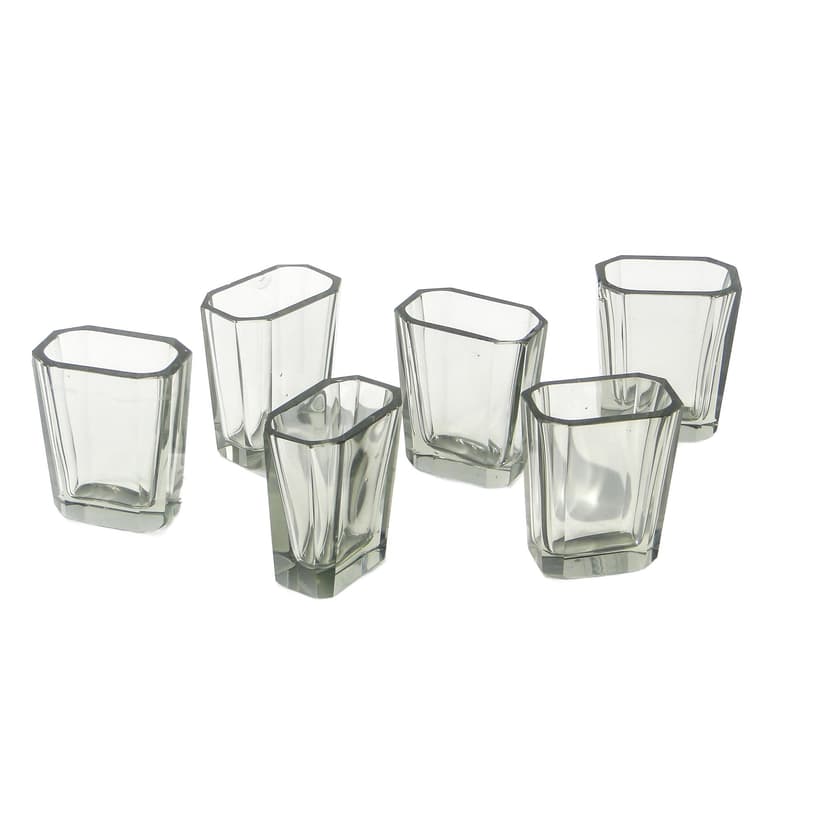 Set of six Art Deco glasses, transparent grey crystal, Czechoslovakia, 1920s