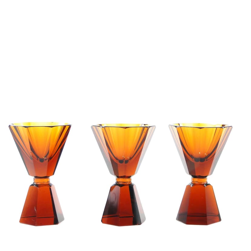 Set of three Art Deco glasses, amber crystal, Czechoslovakia, 1920s