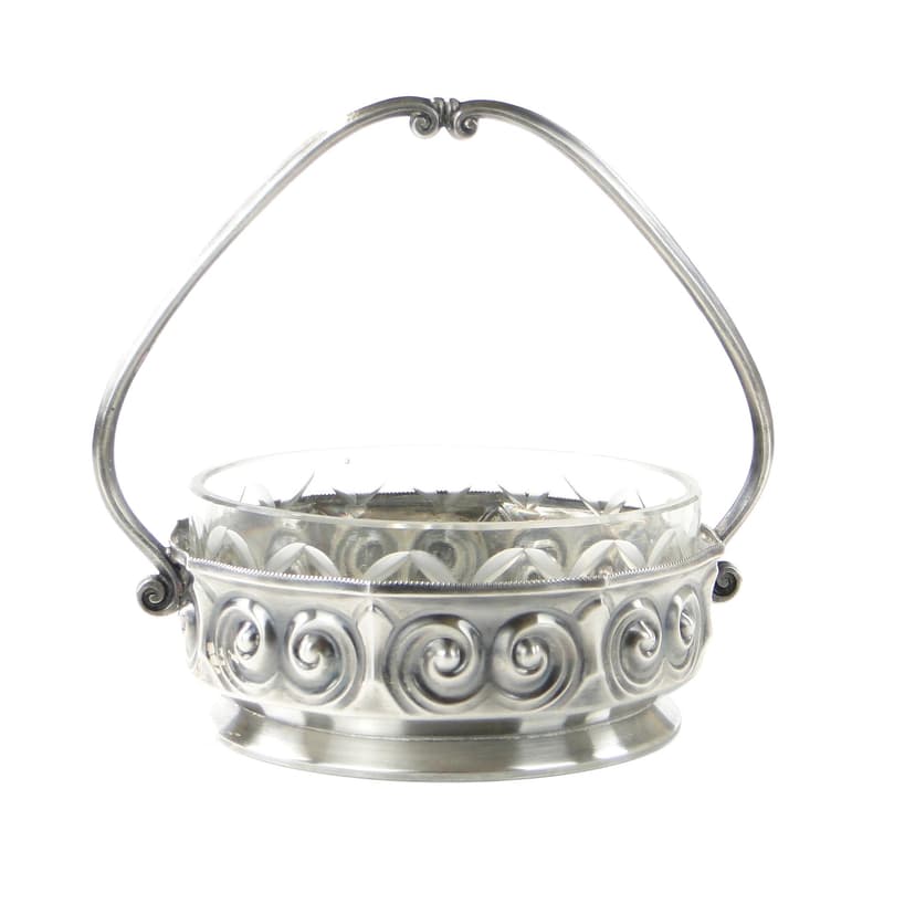 Sugar basket, silver-plated brass, glass, Norblin i S-ka, Poland, early 20th century