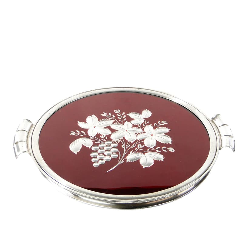 Round Tray Art Deco, burgundy glass, silver-plated brass, Sandrik, 1920s.