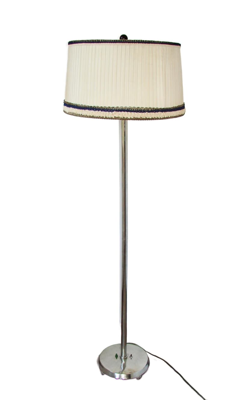Lampa podłogowa Art Deco, niklowana stal, tkanina, lata 30.