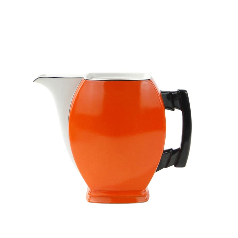 Coffee pot Płaski, orange white black, porcelain, by B. Wendorf, Ćmielów, 1930s.