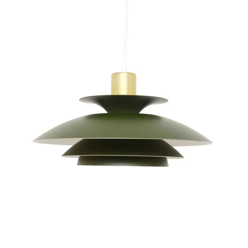 Lampa wisząca, zielony metal, mosiądz złoty, Dania, lata 70.