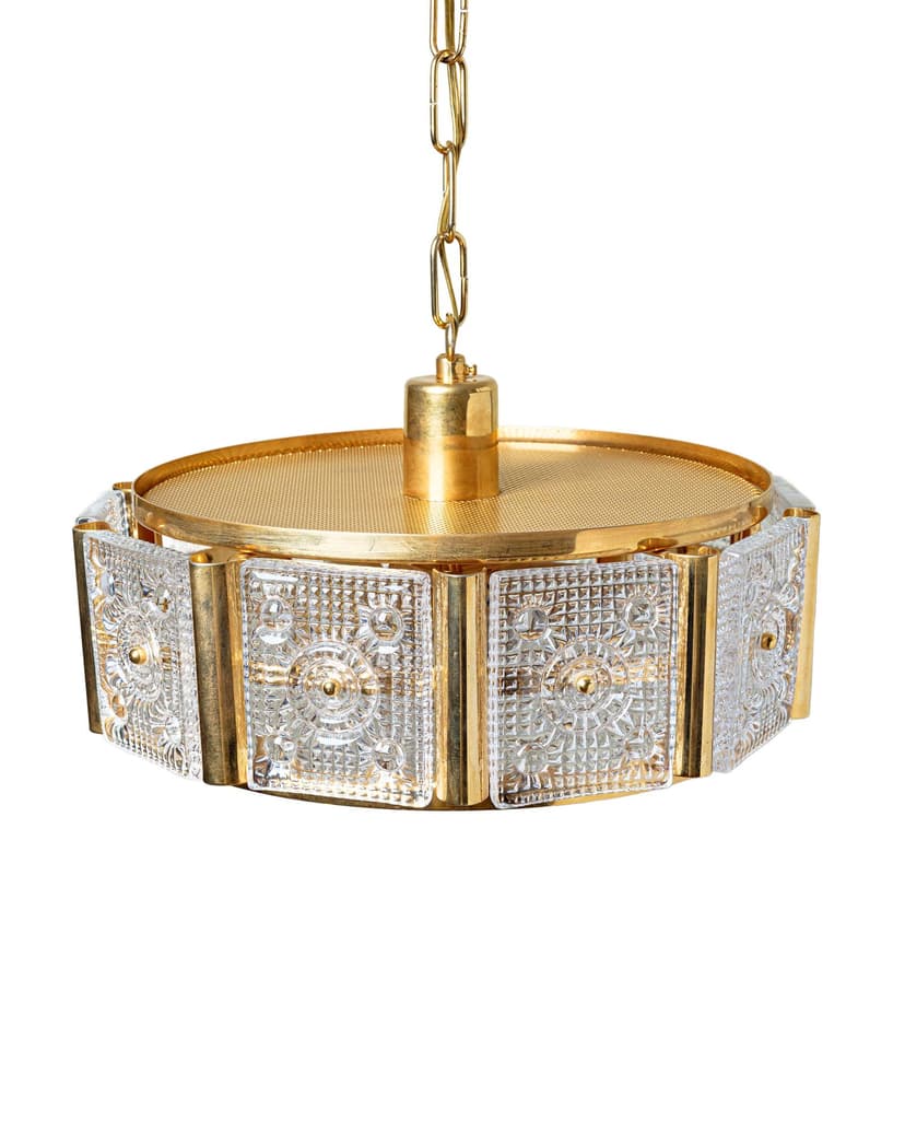 Ceiling lamp, Orrefors, clear glass, gold metal, by C. Fagerlund, Sweden, 1960s