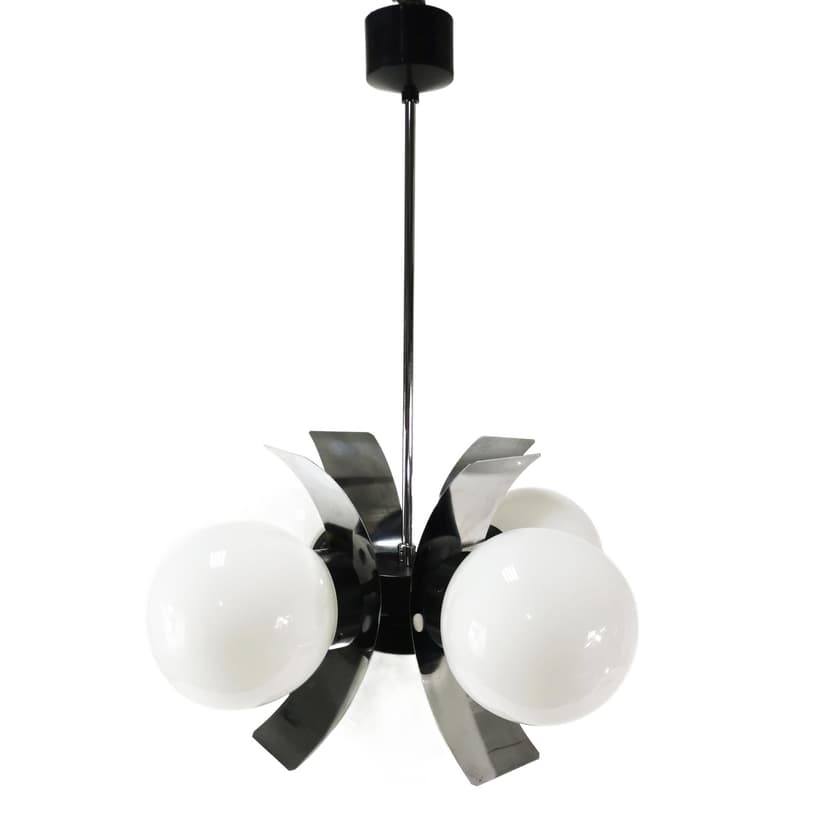 Chandelier Space Age, silver chrome steel, white glass, by J. Hůrka, Napako, Czechoslovakia, 1960s.