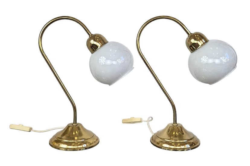 Para lamp stołowych, złoty mosiądz, szkło biały, lata 80.