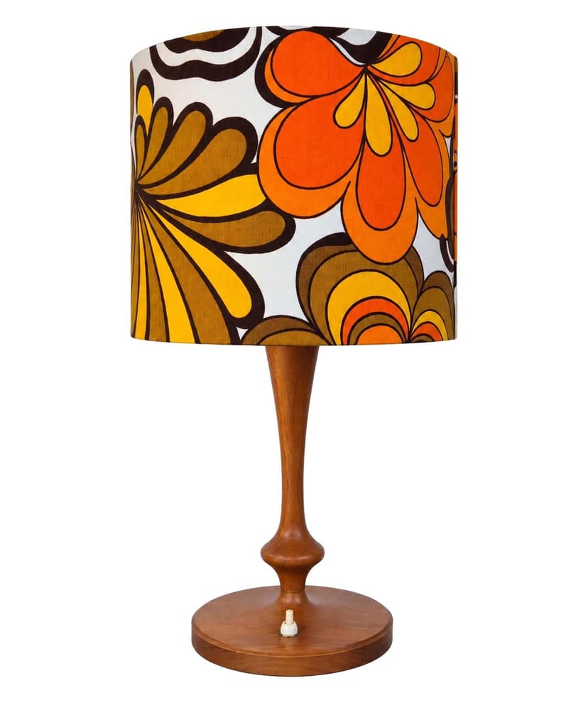 Lampa stołowa, teak brązowy, tkanina pomarańczowa żółta brązowa biała, Dania, lata 60.