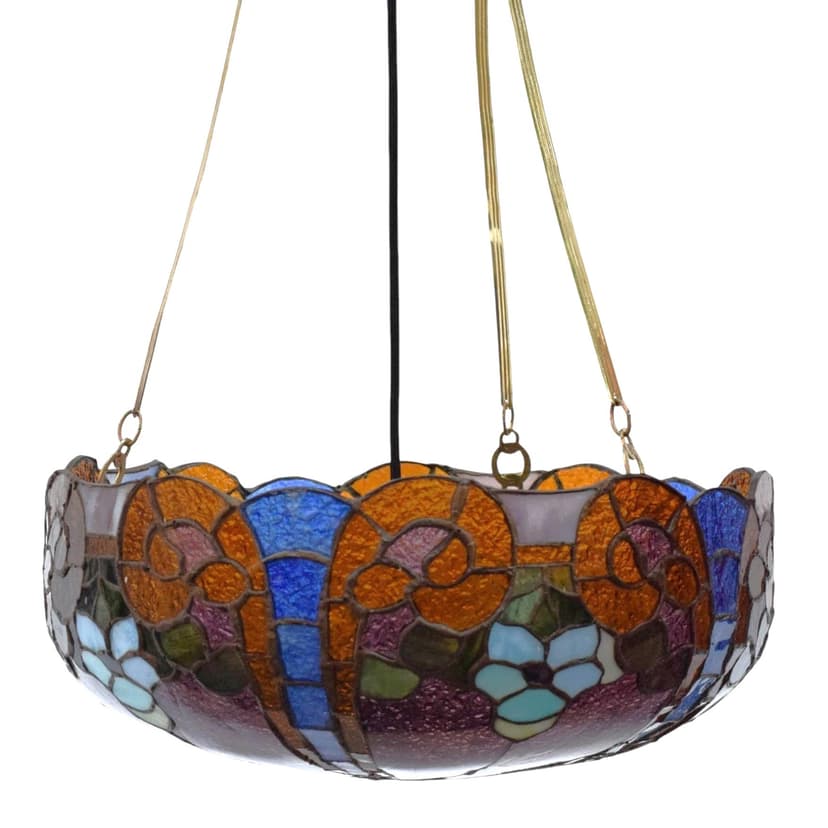 Chandelier Tiffany, multicolored stained glass, gold metal, 1950s