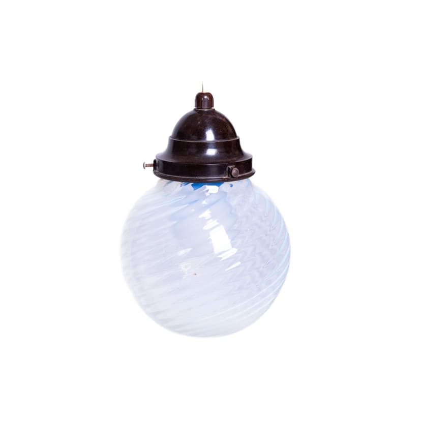 Ceiling lamp Art Deco, opal white blue glass, brown Bakelite, 1930s