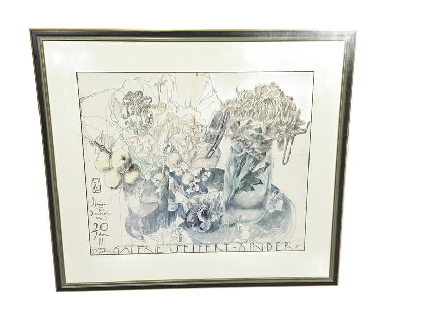 Grafika Blumen für die Binderin weil..., papier szary, proj. H. Janssen, Niemcy, lata 80.