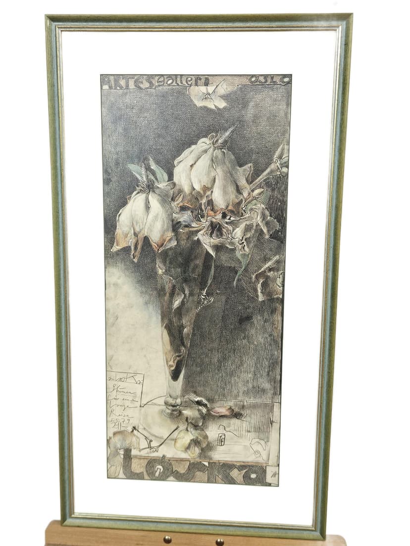 Grafika Blumen für eine lange Reise, papier szary, szkło zielony, art. H. Janssen, Niemcy, lata 70., 93,5x50,5 cm