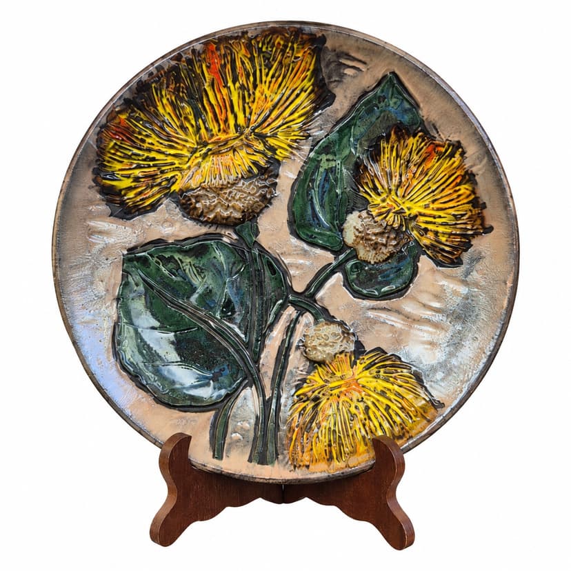 Wall decoration, beige yellow orange green ceramic, Ruscha, Germany, 1970s.
