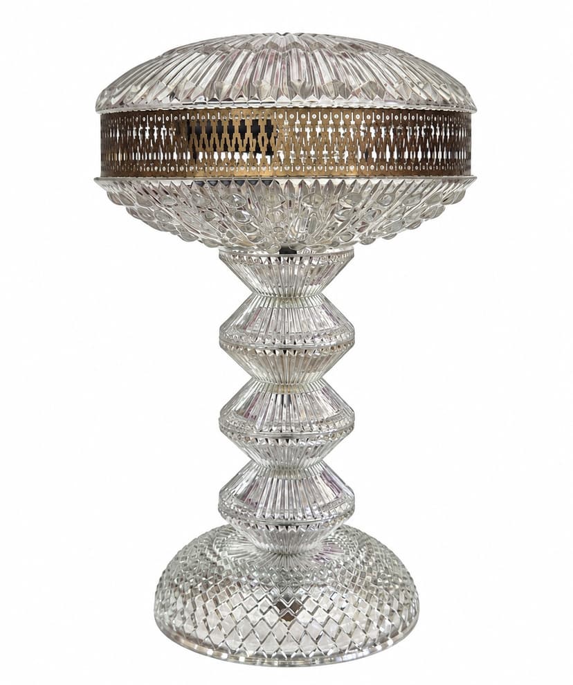 Lampa stołowa Polam Pułtusk, szkło przezroczyste, metal srebrny, Polska, lata 70.