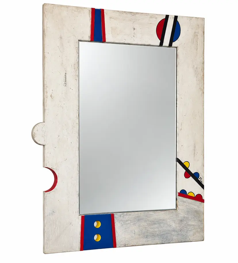 Wall mirror Memphis, silver red blue yellow black glass, Germany, 1990s.