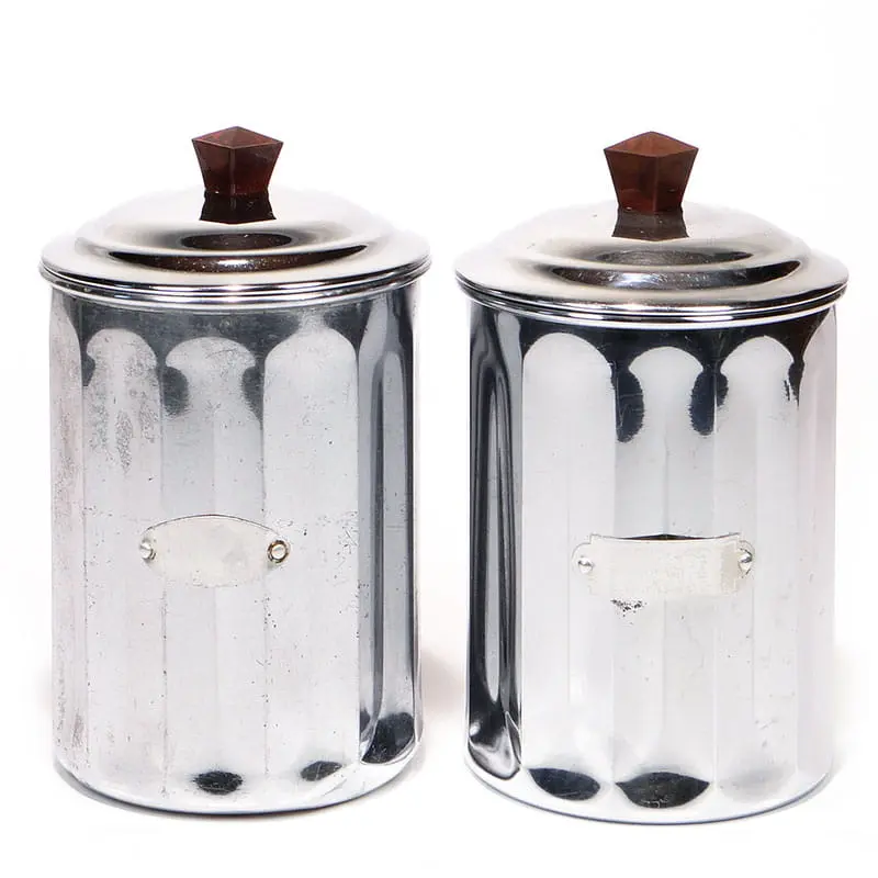 Pair of kitchen canisters Art Déco, silver chromed brass, brown ebonite, France, 1920s