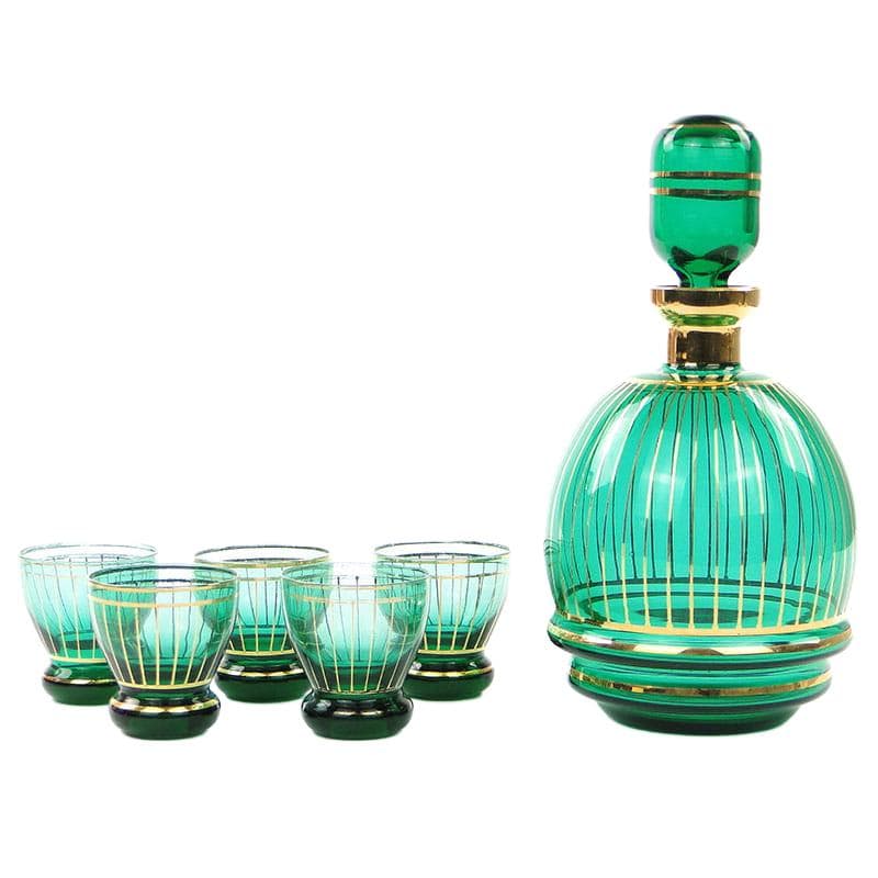 Liqueur set, Borocrystal Chribska, green glass, gilded, Czechoslovakia, 1950s
