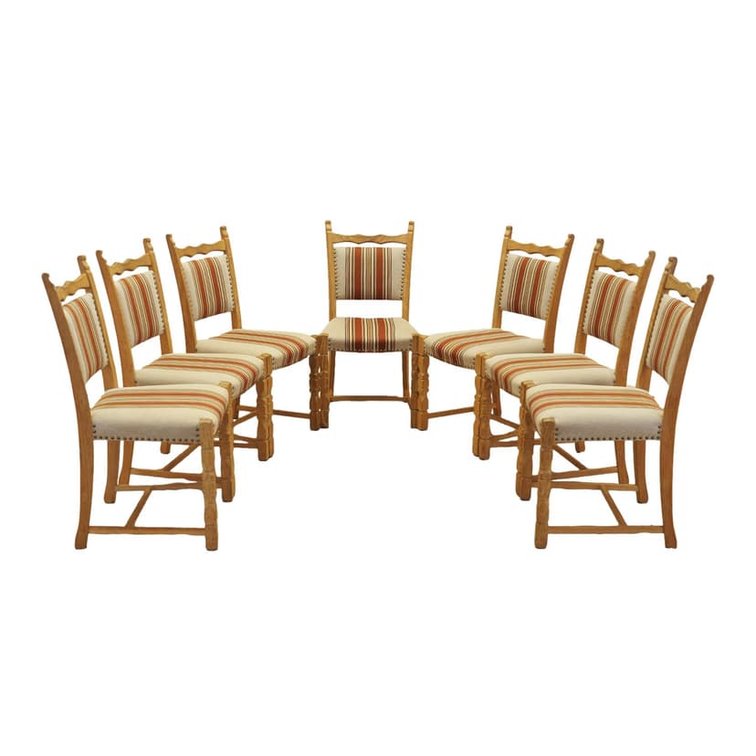 Set of chairs, oak, fabric cream brown orange beige, by H. Kjaernulf, Denmark, 1960s.