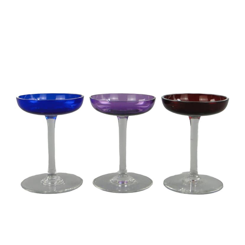 Set of liqueur glasses, Art Deco, blue purple red clear, glass, Czechoslovakia, 1920s.