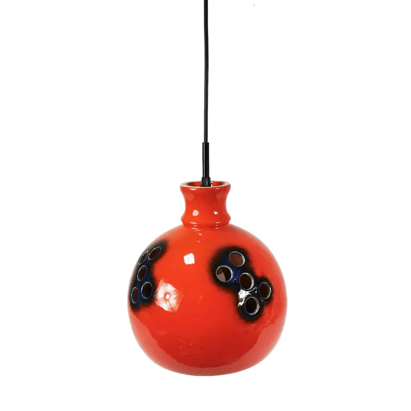 Pendant lamp Space Age, orange-red ceramic, dark blue-black glaze, Germany, 1970s.