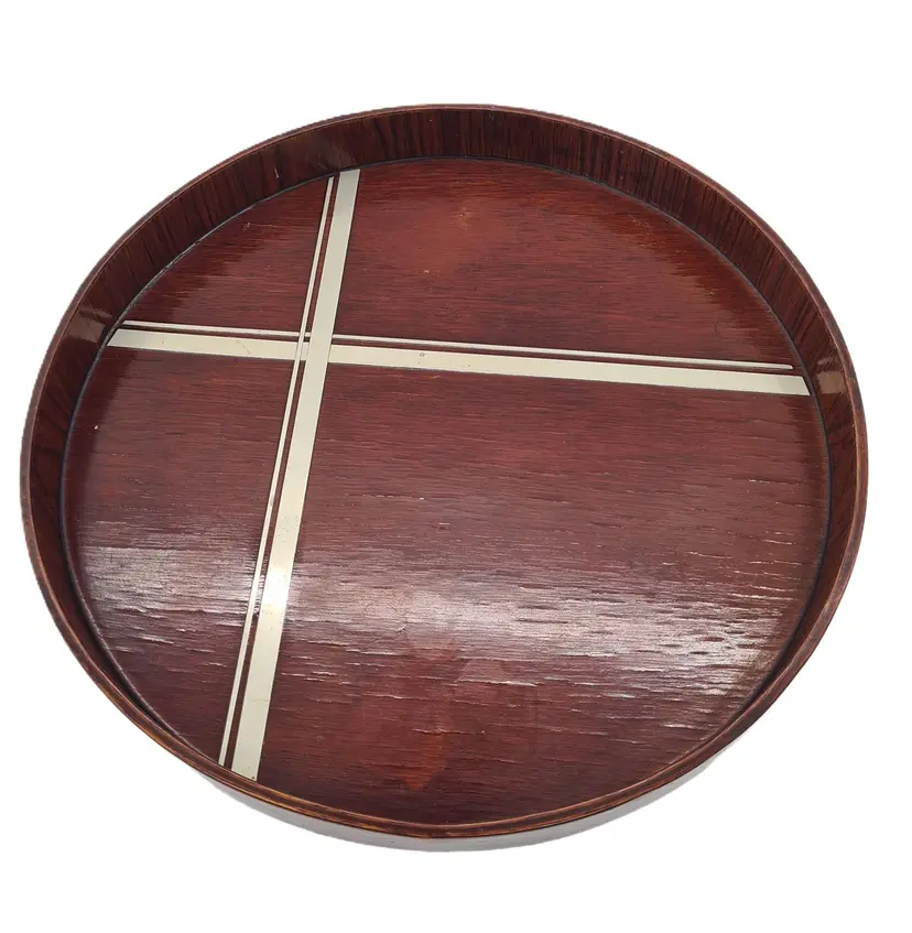 Round Tray Art Deco, brown wood, metal, Europe, 1930s