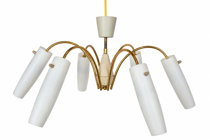 Chandelier Sputnik Rockabilly, gold brass, white glass, Germany, 1950s.