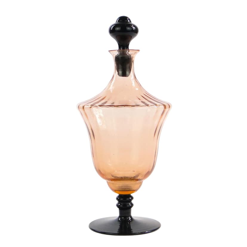 Decanter Art Deco, pink black glass, Huta Szkła Zawiercie, Poland, 1930s.