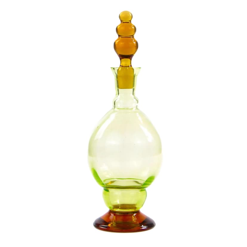 Decanter Art Deco, uranium glass light green, orange glass, Poland, 1930s.