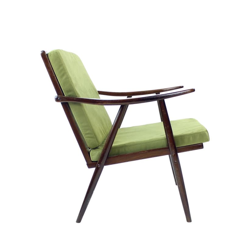 Fotel Boomerang, dąb brązowy, velvet zielony, Czechosłowacja, lata 60.
