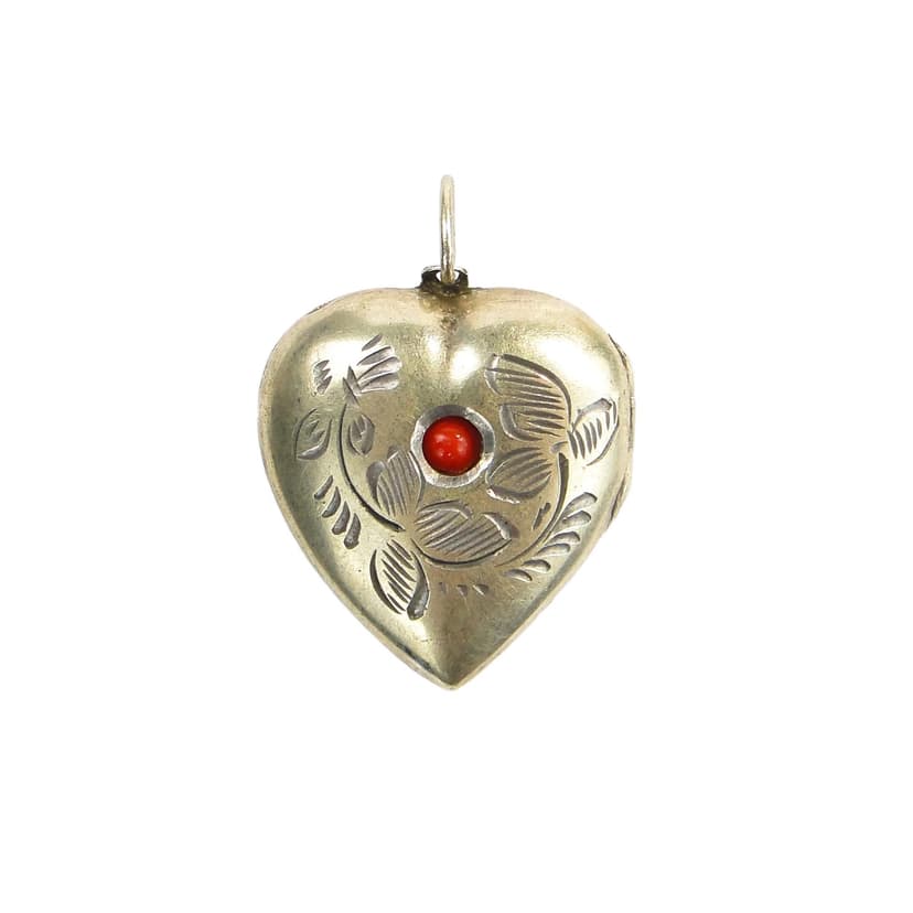 Heart locket, silver, red coral, Lithuania, 1960s