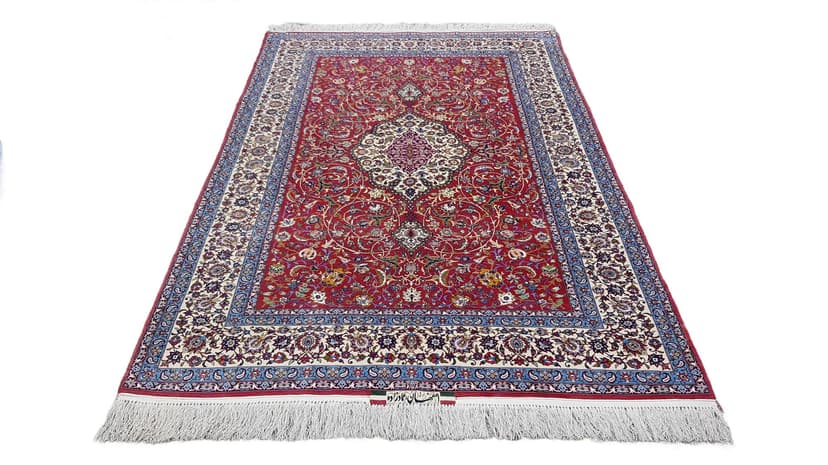 Rug Isfahan 158x260 cm, red kork wool, beige blue silk, Iran, 1970s.