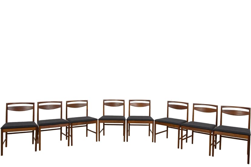 set of eight chairs Model 9513, brown teak, black fabric, by T. Robertson, for A.H. McIntosh & Co., United Kingdom, 1970s