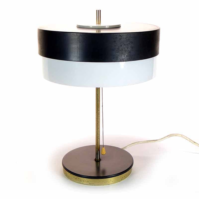 Table lamp, model 370021/2, black steel, white glass, golden brass, by J. Hurka, Napako, Czechia, 1960s.