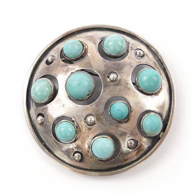 Modernist brooch, silver, turquoise, by J. Szkrabko, Orno, Poland, 1960s.