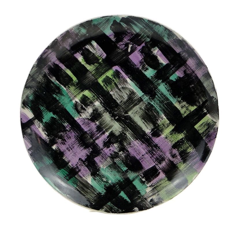 Decorative plate, black green purple, porcelainite, Pruszków, 1960s.