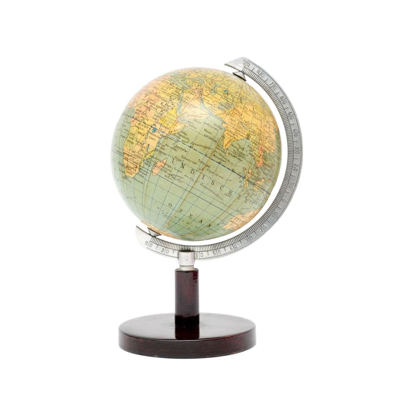 Globe Columbus, beige paper, brown wood, silver metal, Germany, 1930s.