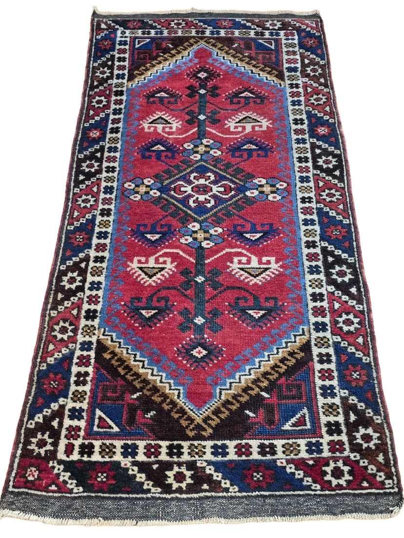 Chodnik Dosemealtı 185x76 cm, czerwony niebieski brązowy biały zielony, wełna, Turcja, lata 70.