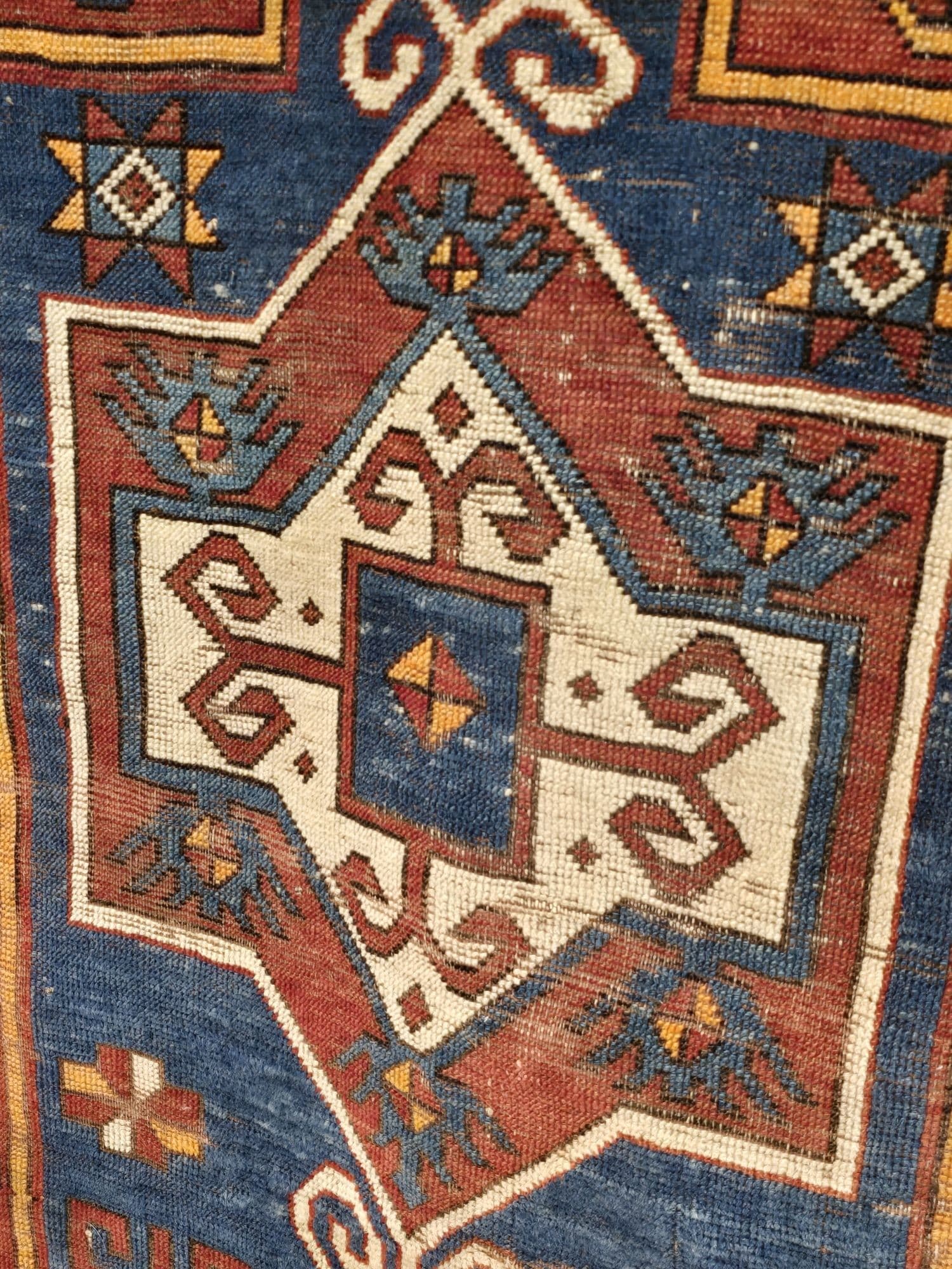 Rug Kazak Bordjalou 135x120 cm, blue red yellow white brown black, wool, South Caucasus, 19th century - 395860
