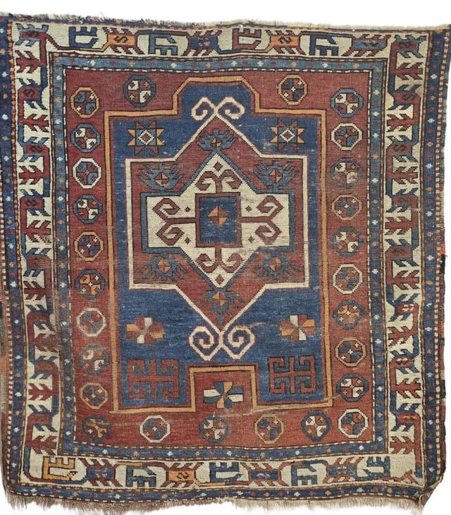 Rug Kazak Bordjalou 135x120 cm, blue red yellow white brown black, wool, South Caucasus, 19th century - DIMENSION