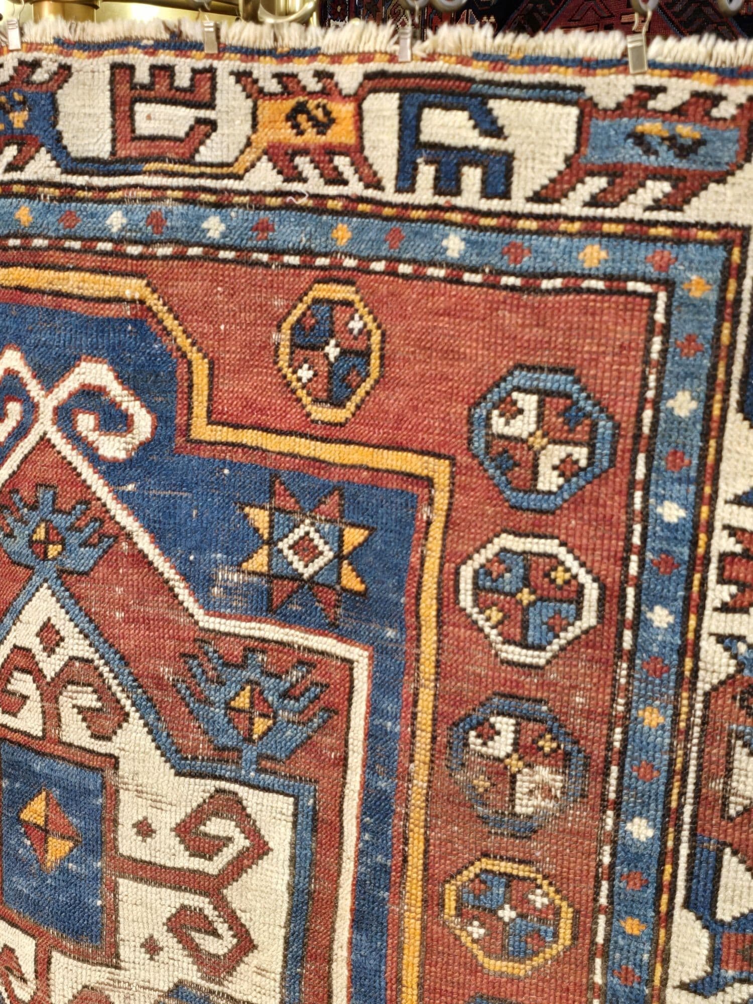 Rug Kazak Bordjalou 135x120 cm, blue red yellow white brown black, wool, South Caucasus, 19th century - 395859