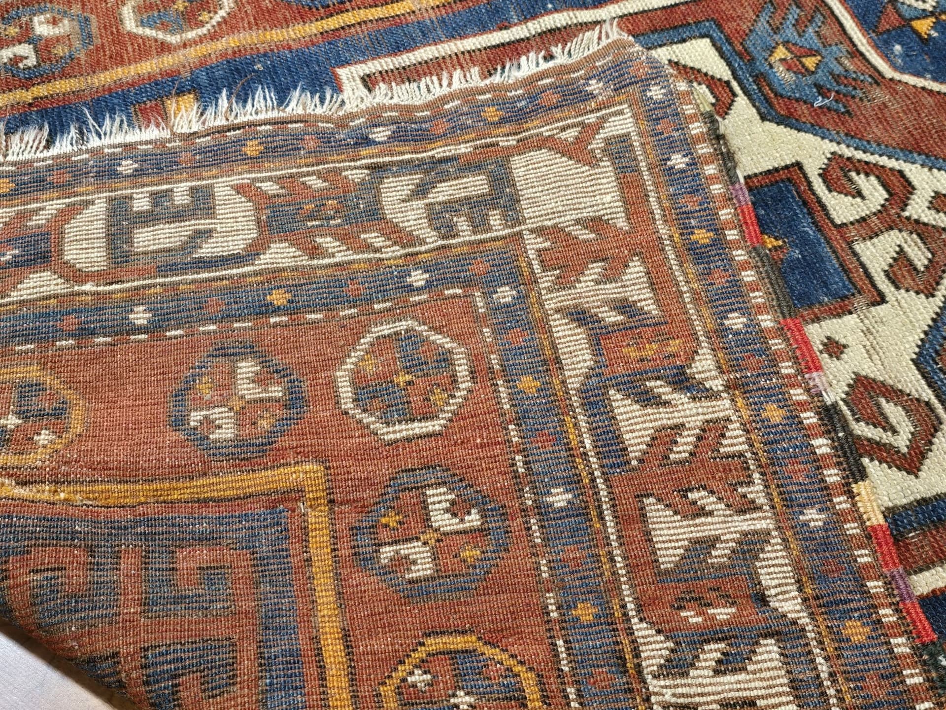Rug Kazak Bordjalou 135x120 cm, blue red yellow white brown black, wool, South Caucasus, 19th century - 395864
