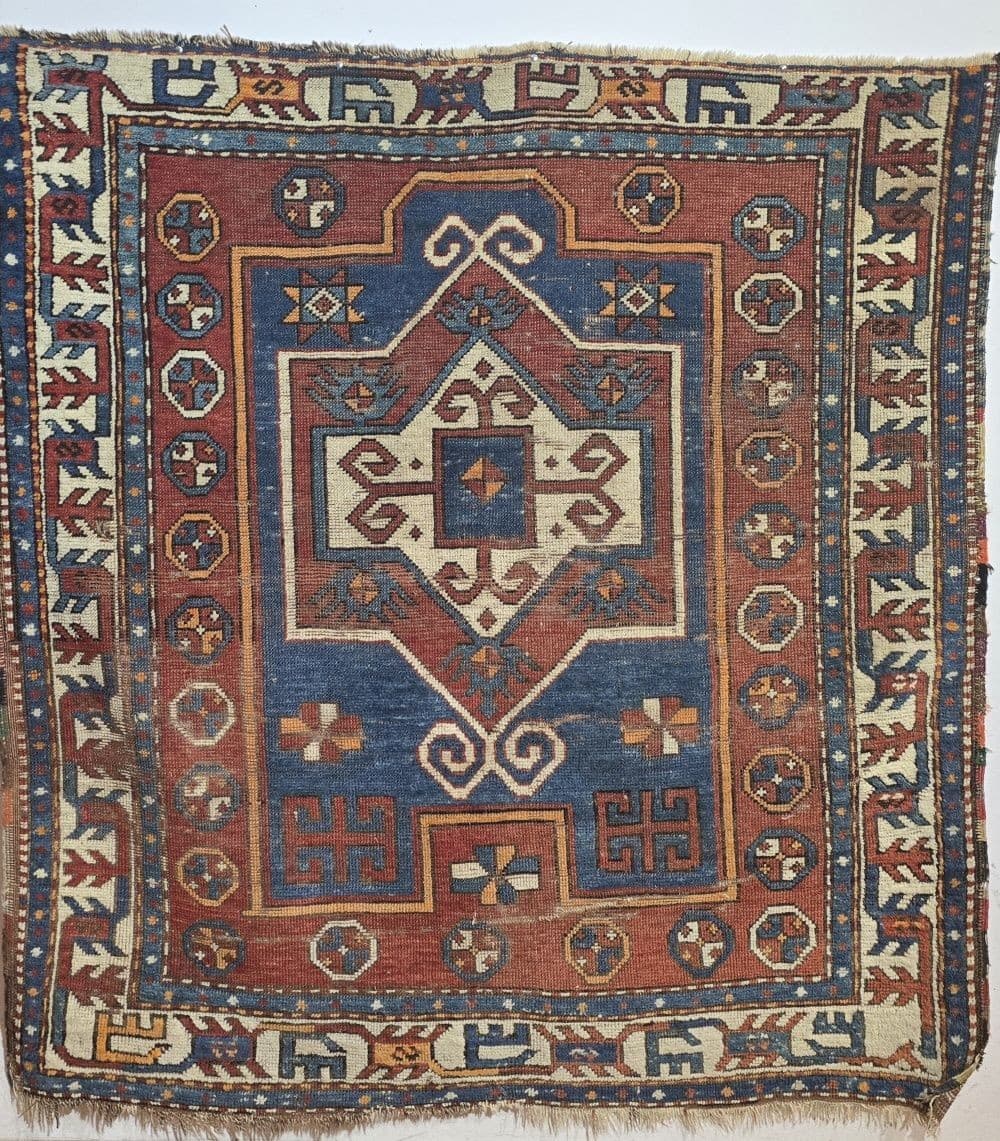 Rug Kazak Bordjalou 135x120 cm, blue red yellow white brown black, wool, South Caucasus, 19th century - 395865