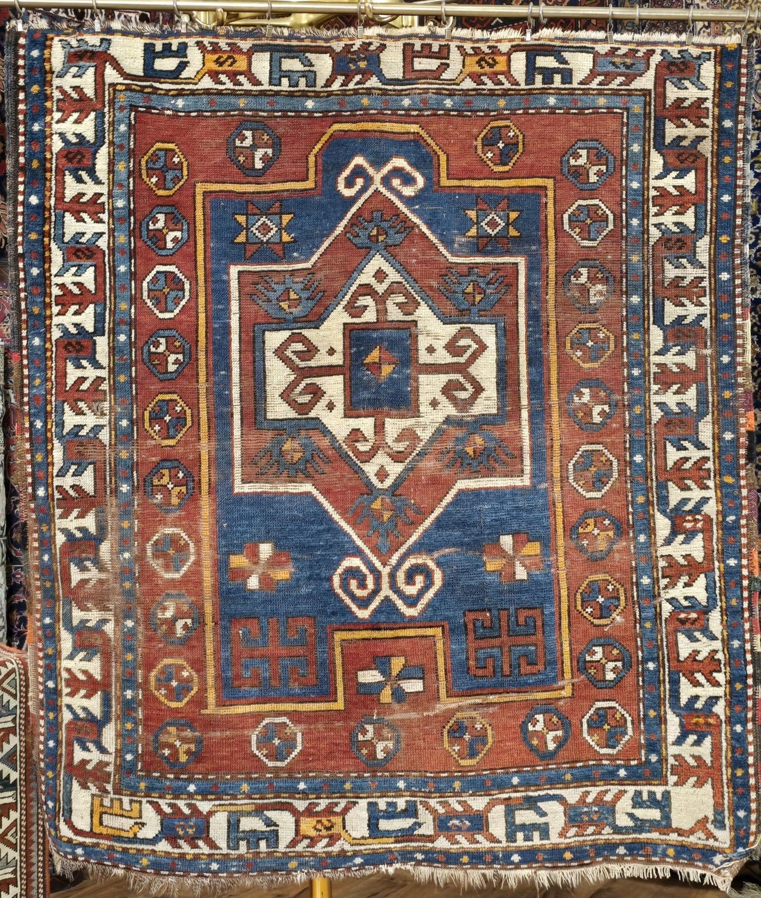Rug Kazak Bordjalou 135x120 cm, blue red yellow white brown black, wool, South Caucasus, 19th century - 395861