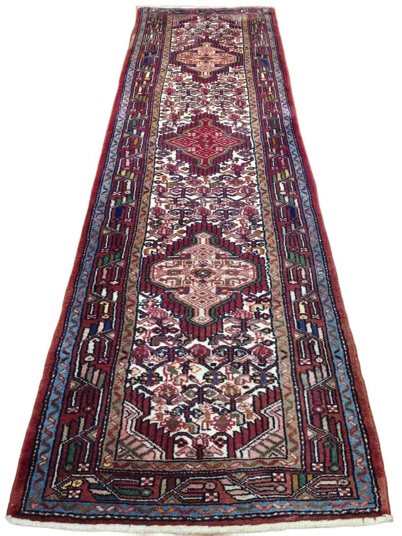 Chodnik Hamadan 300x78 cm, czerwony kremowy niebieski zielony żółty brązowy, wełna, Iran, lata 60.