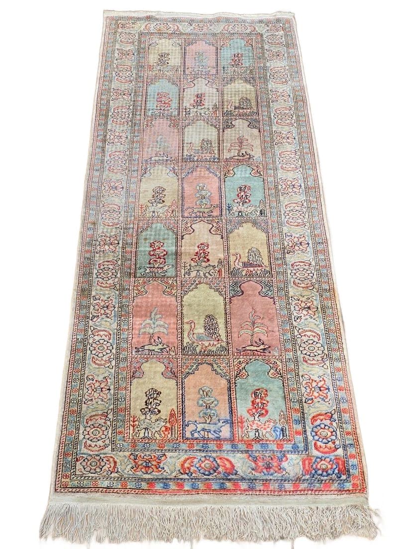 Rug Kayserie 58x158 cm, pink beige blue, silk, Turkey, 1960s.