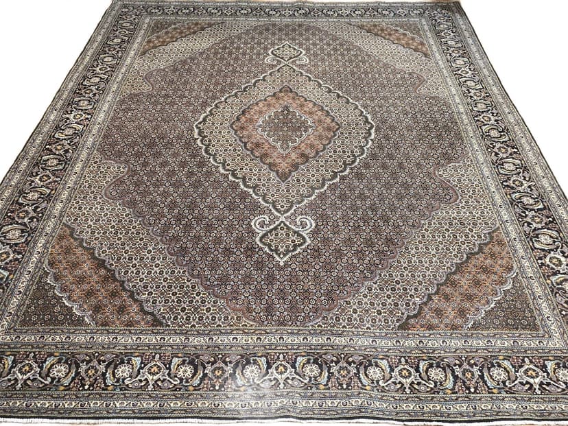 Dywan Tabriz Mahi 250x350 cm, brązowy beżowy szary niebieski złoty, wełna jedwab, Iran, początek XX w.